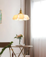 Vintage Ceramic Pleated Floral Pendant Light French Style Brass Hanging Ceiling Lamp