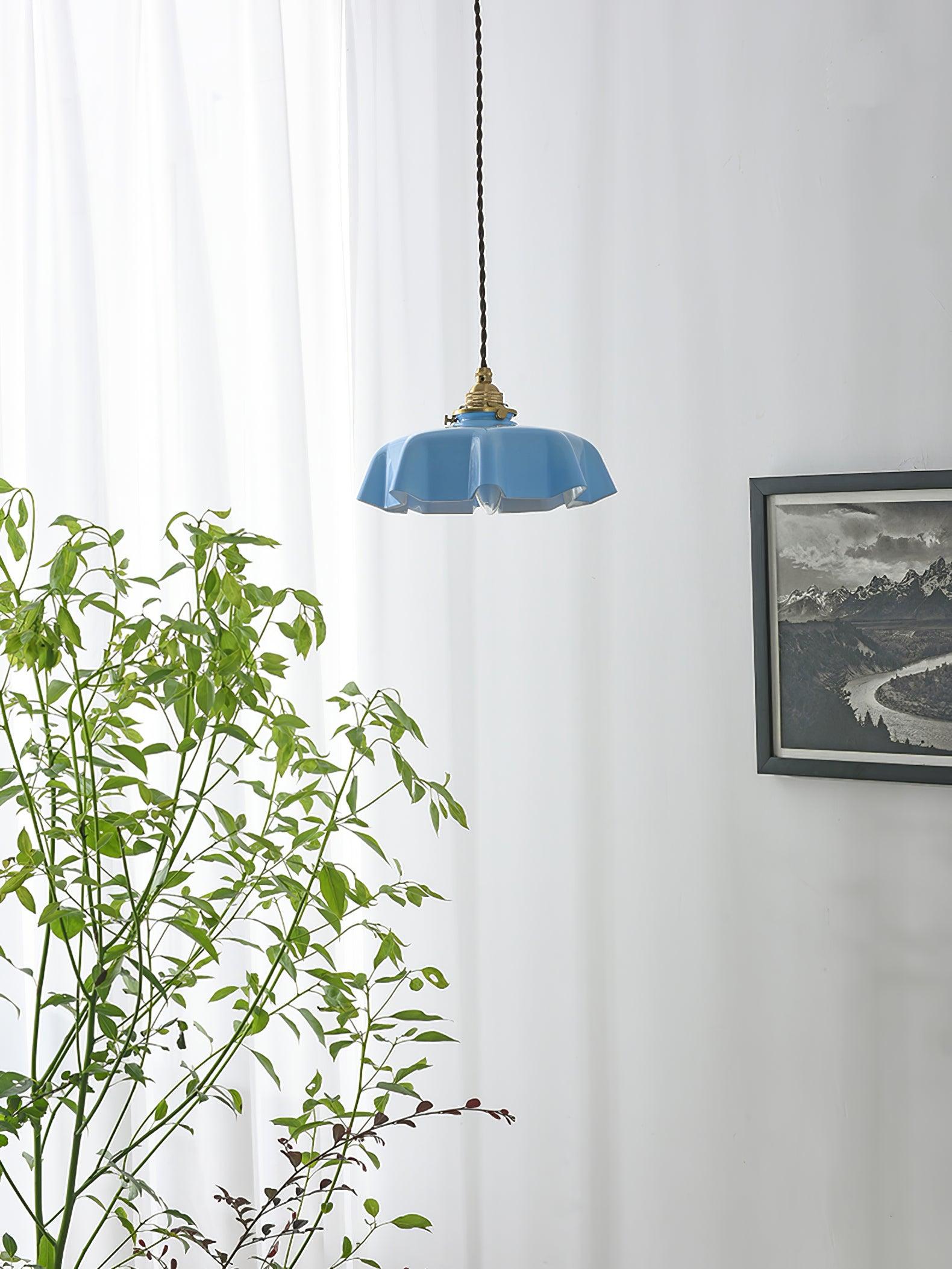 Vintage Ceramic Pleated Floral Pendant Light French Style Brass Hanging Ceiling Lamp