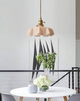 Vintage Ceramic Pleated Floral Pendant Light French Style Brass Hanging Ceiling Lamp