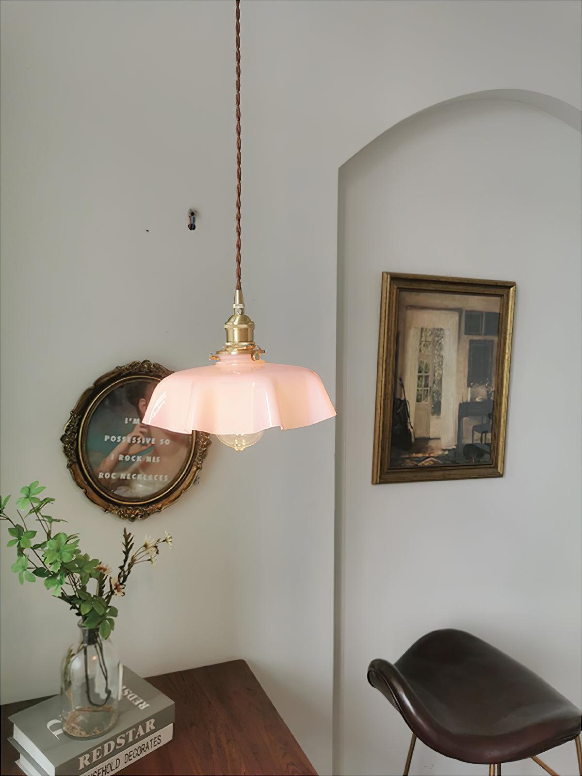 Vintage Ceramic Pleated Floral Pendant Light French Style Brass Hanging Ceiling Lamp