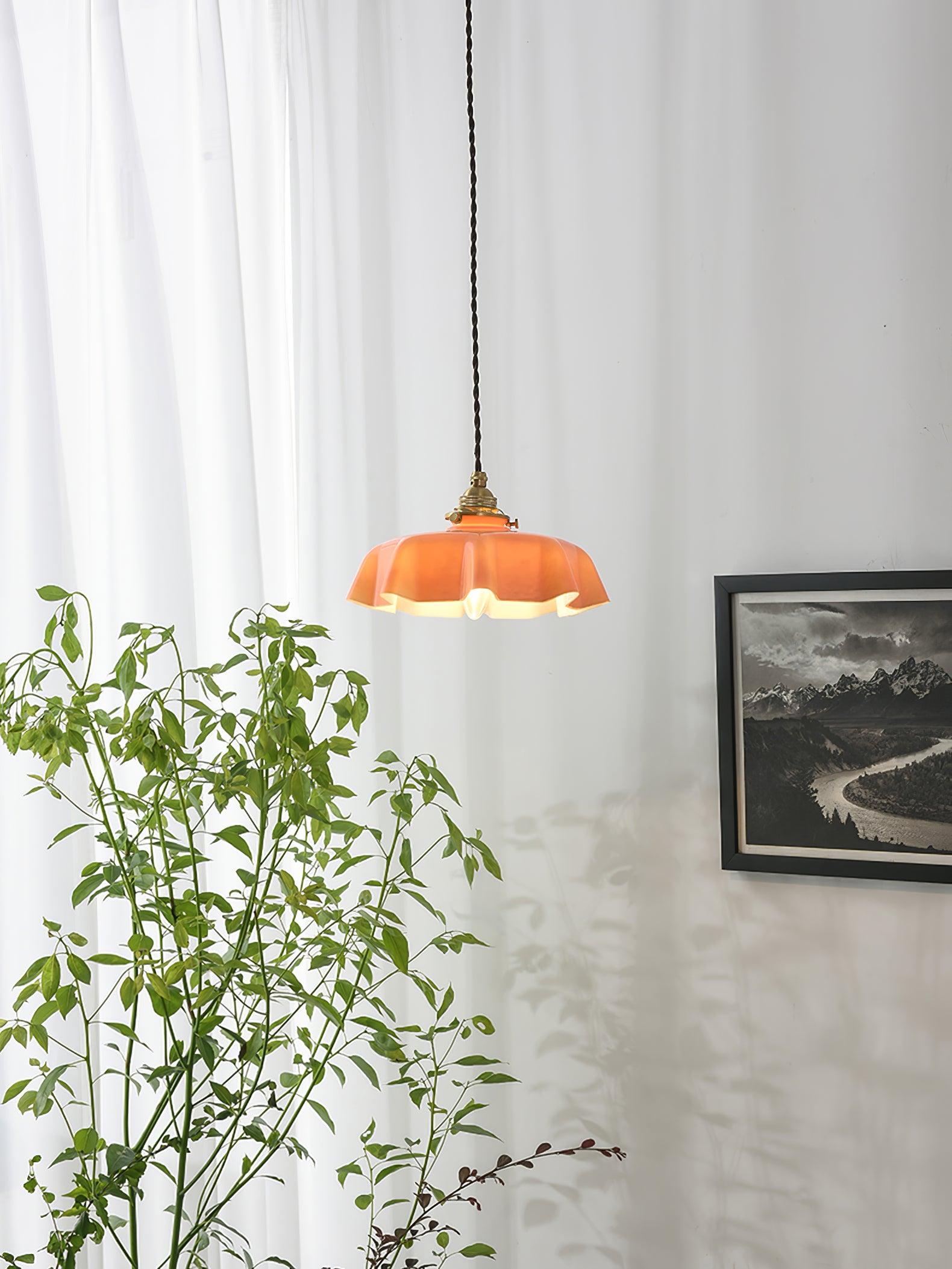 Vintage Ceramic Pleated Floral Pendant Light French Style Brass Hanging Ceiling Lamp