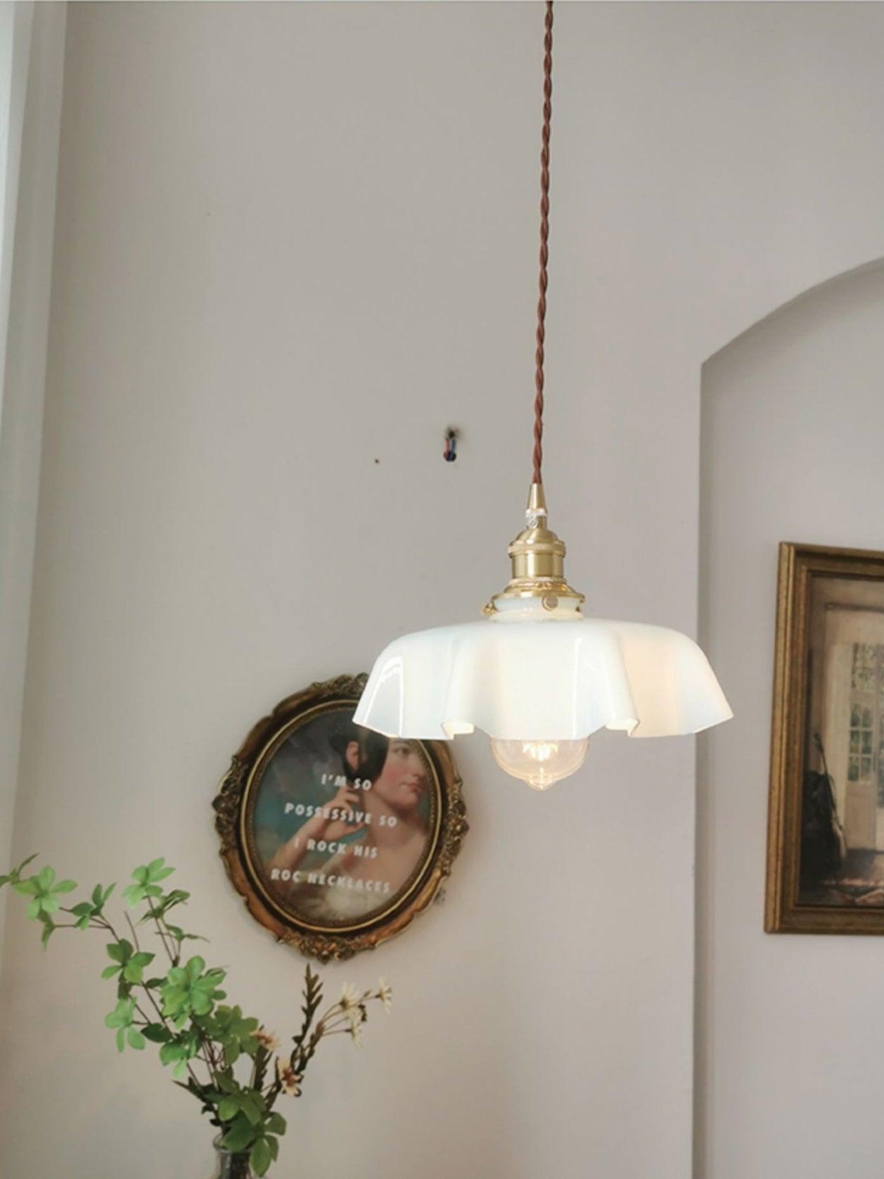 Vintage Ceramic Pleated Floral Pendant Light French Style Brass Hanging Ceiling Lamp