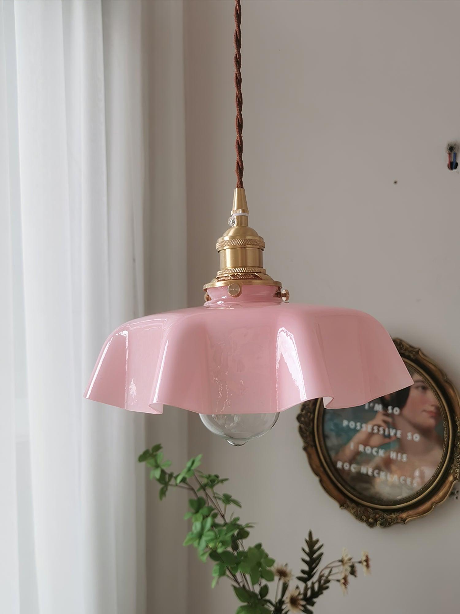Vintage Ceramic Pleated Floral Pendant Light French Style Brass Hanging Ceiling Lamp