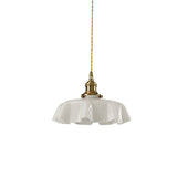 Vintage Ceramic Pleated Floral Pendant Light French Style Brass Hanging Ceiling Lamp