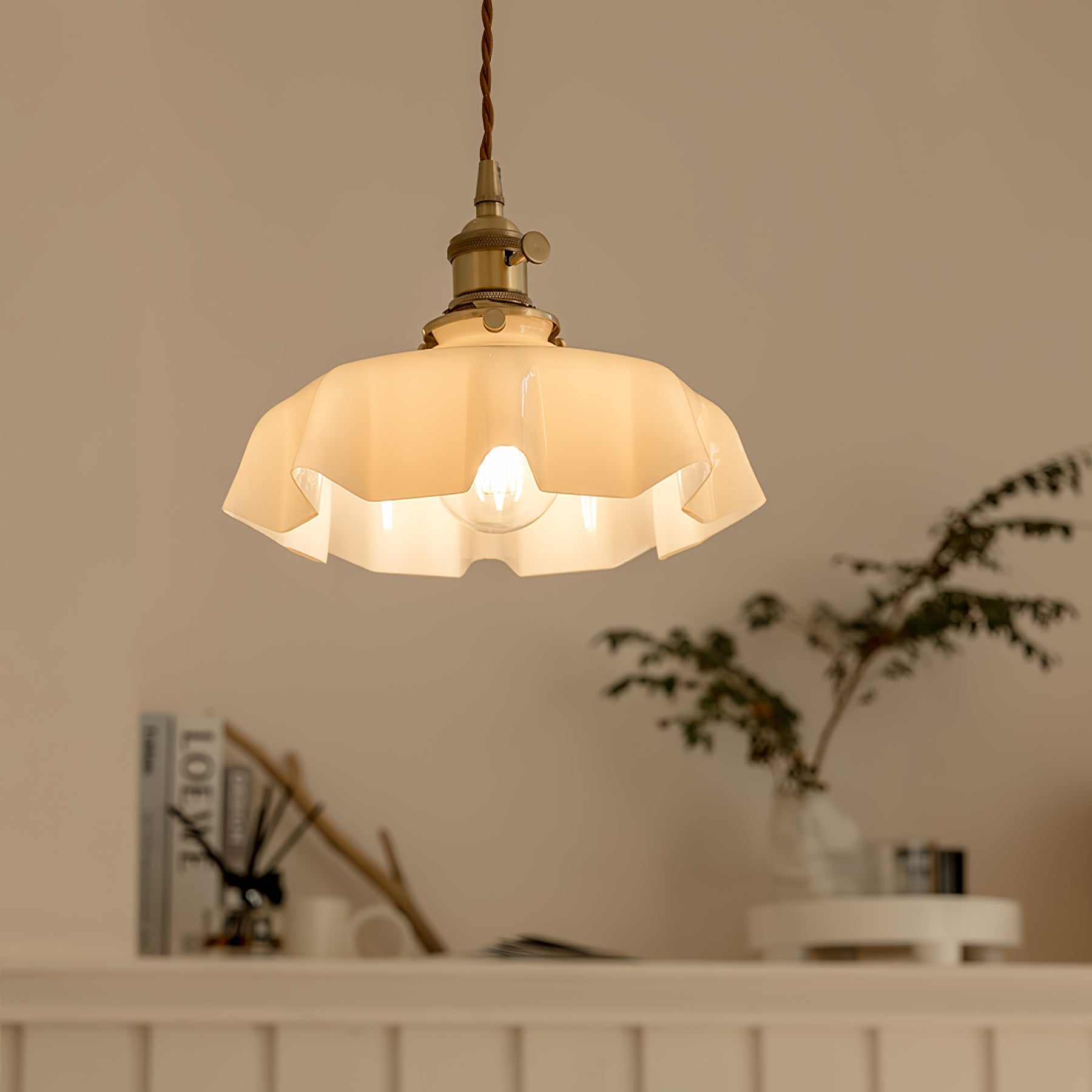 Vintage Ceramic Pleated Floral Pendant Light French Style Brass Hanging Ceiling Lamp