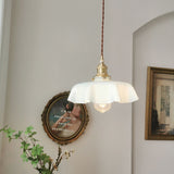 Vintage Ceramic Pleated Floral Pendant Light French Style Brass Hanging Ceiling Lamp