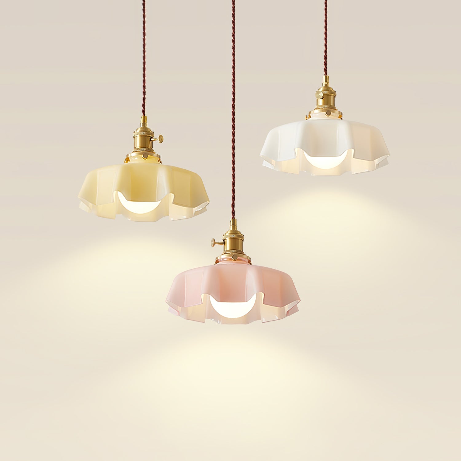 Vintage Ceramic Pleated Floral Pendant Light French Style Brass Hanging Ceiling Lamp