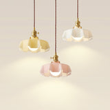 Vintage Ceramic Pleated Floral Pendant Light French Style Brass Hanging Ceiling Lamp