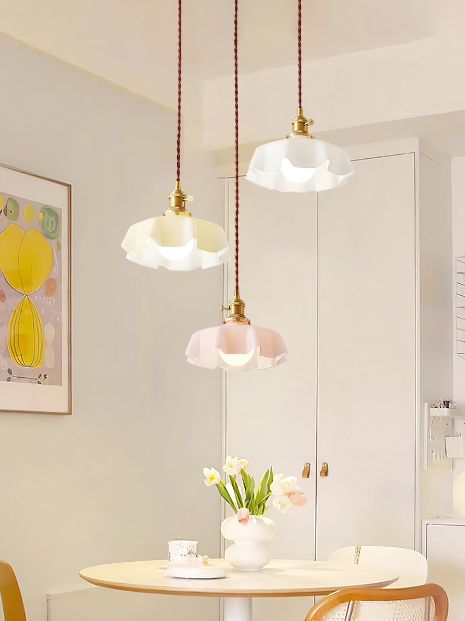 Vintage Ceramic Pleated Floral Pendant Light French Style Brass Hanging Ceiling Lamp