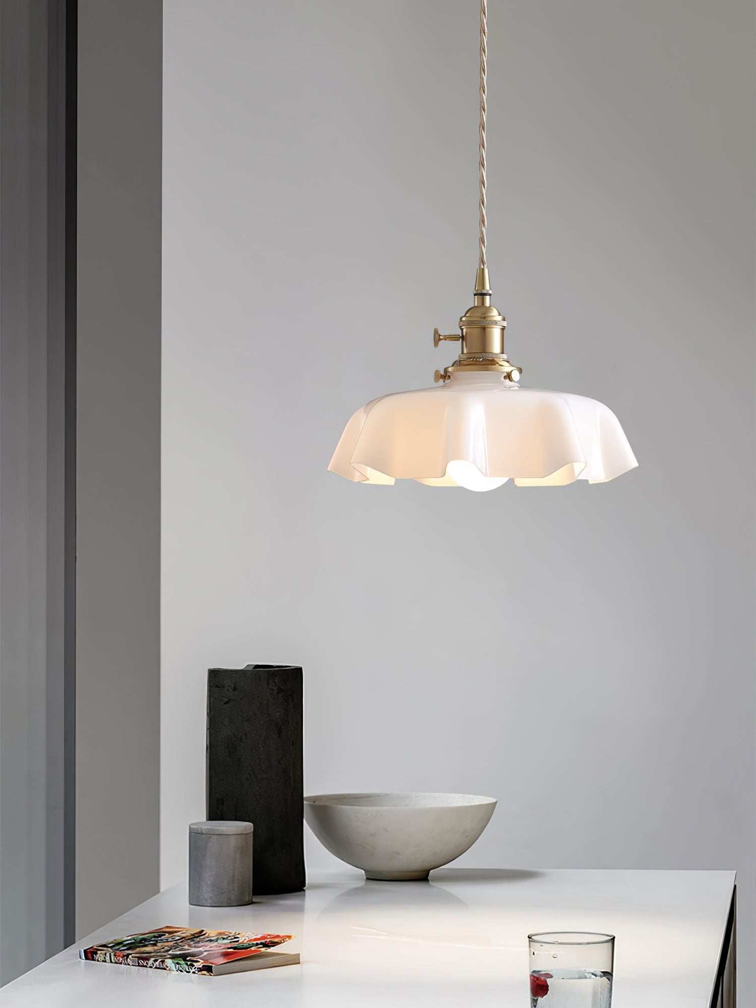 Vintage Ceramic Pleated Floral Pendant Light French Style Brass Hanging Ceiling Lamp