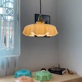 Vintage Ceramic Pleated Floral Pendant Light French Style Brass Hanging Ceiling Lamp