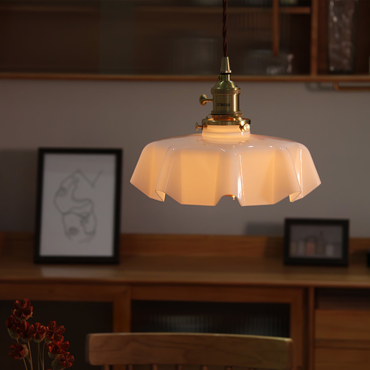 Vintage Ceramic Pleated Floral Pendant Light French Style Brass Hanging Ceiling Lamp