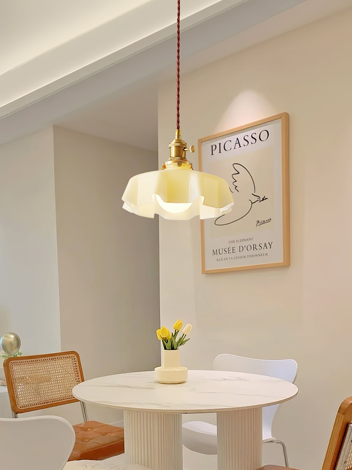 Vintage Ceramic Pleated Floral Pendant Light French Style Brass Hanging Ceiling Lamp