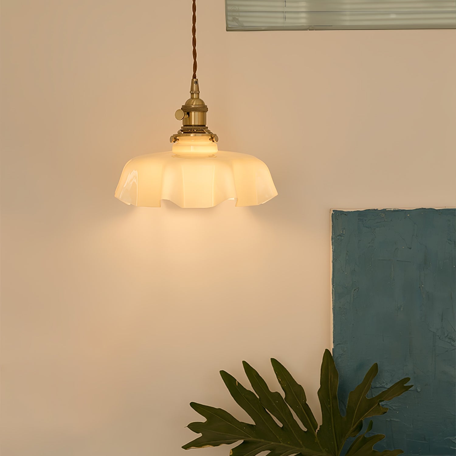 Vintage Ceramic Pleated Floral Pendant Light French Style Brass Hanging Ceiling Lamp