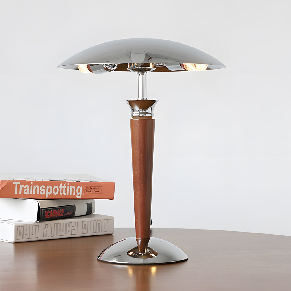 Vintage Chrome Mushroom Umbrella Table Lamp with 3 Step LED Light and Wood Accent