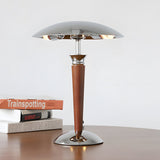 Vintage Chrome Mushroom Umbrella Table Lamp with 3 Step LED Light and Wood Accent
