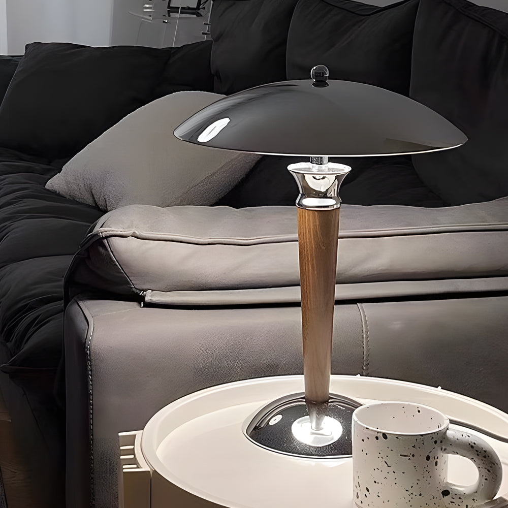 Vintage Chrome Mushroom Umbrella Table Lamp with 3 Step LED Light and Wood Accent