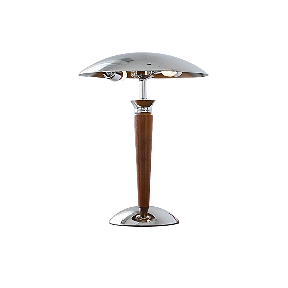 Vintage Chrome Mushroom Umbrella Table Lamp with 3 Step LED Light and Wood Accent