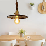 Vintage Circular Brown Glass Pendant Light with Brass and Walnut Wood LED Hanging Lamp for Kitchen Island Bedside
