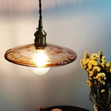 Vintage Circular Brown Glass Pendant Light with Brass and Walnut Wood LED Hanging Lamp for Kitchen Island Bedside