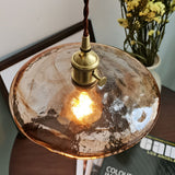 Vintage Circular Brown Glass Pendant Light with Brass and Walnut Wood LED Hanging Lamp for Kitchen Island Bedside
