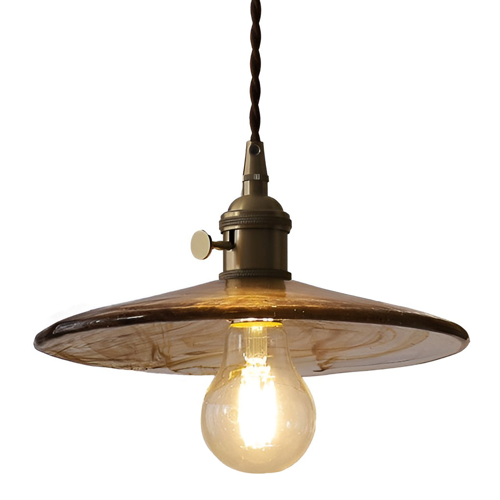 Vintage Circular Brown Glass Pendant Light with Brass and Walnut Wood LED Hanging Lamp for Kitchen Island Bedside