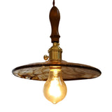 Vintage Circular Brown Glass Pendant Light with Brass and Walnut Wood LED Hanging Lamp for Kitchen Island Bedside
