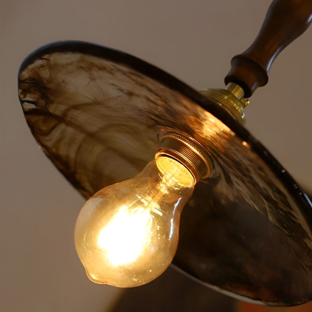 Vintage Circular Brown Glass Pendant Light with Brass and Walnut Wood LED Hanging Lamp for Kitchen Island Bedside