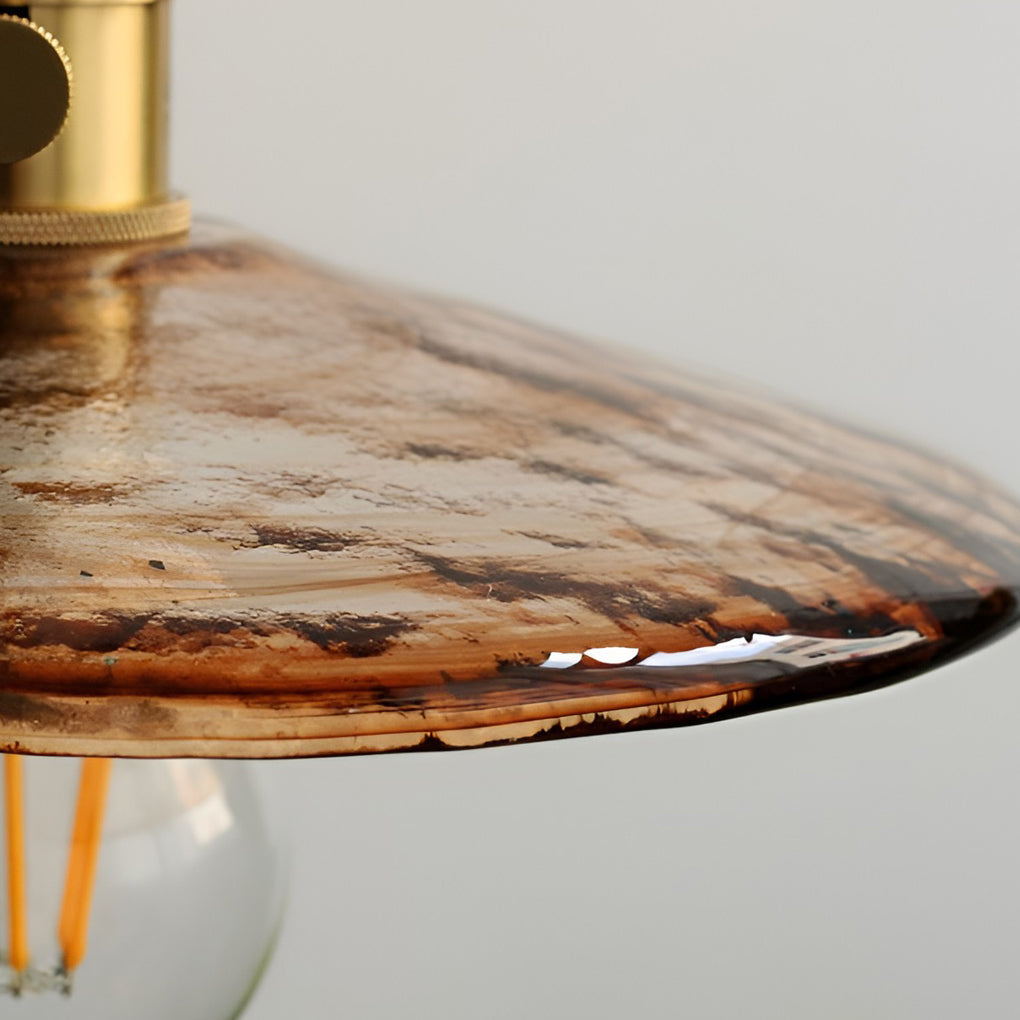 Vintage Circular Brown Glass Pendant Light with Brass and Walnut Wood LED Hanging Lamp for Kitchen Island Bedside
