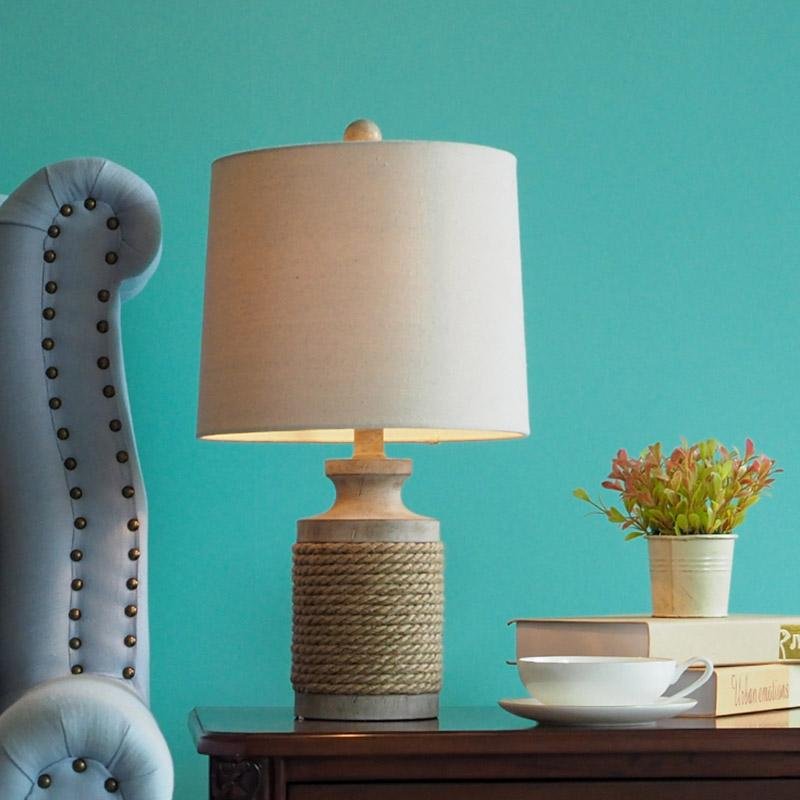 Vintage Coastal Style Stone Table Lamp with Rope Accents and Tapered Oatmeal Fabric Drum Shade
