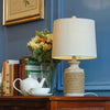 Vintage Coastal Style Stone Table Lamp with Rope Accents and Tapered Oatmeal Fabric Drum Shade