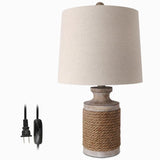 Vintage Coastal Style Stone Table Lamp with Rope Accents and Tapered Oatmeal Fabric Drum Shade