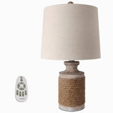 Vintage Coastal Style Stone Table Lamp with Rope Accents and Tapered Oatmeal Fabric Drum Shade