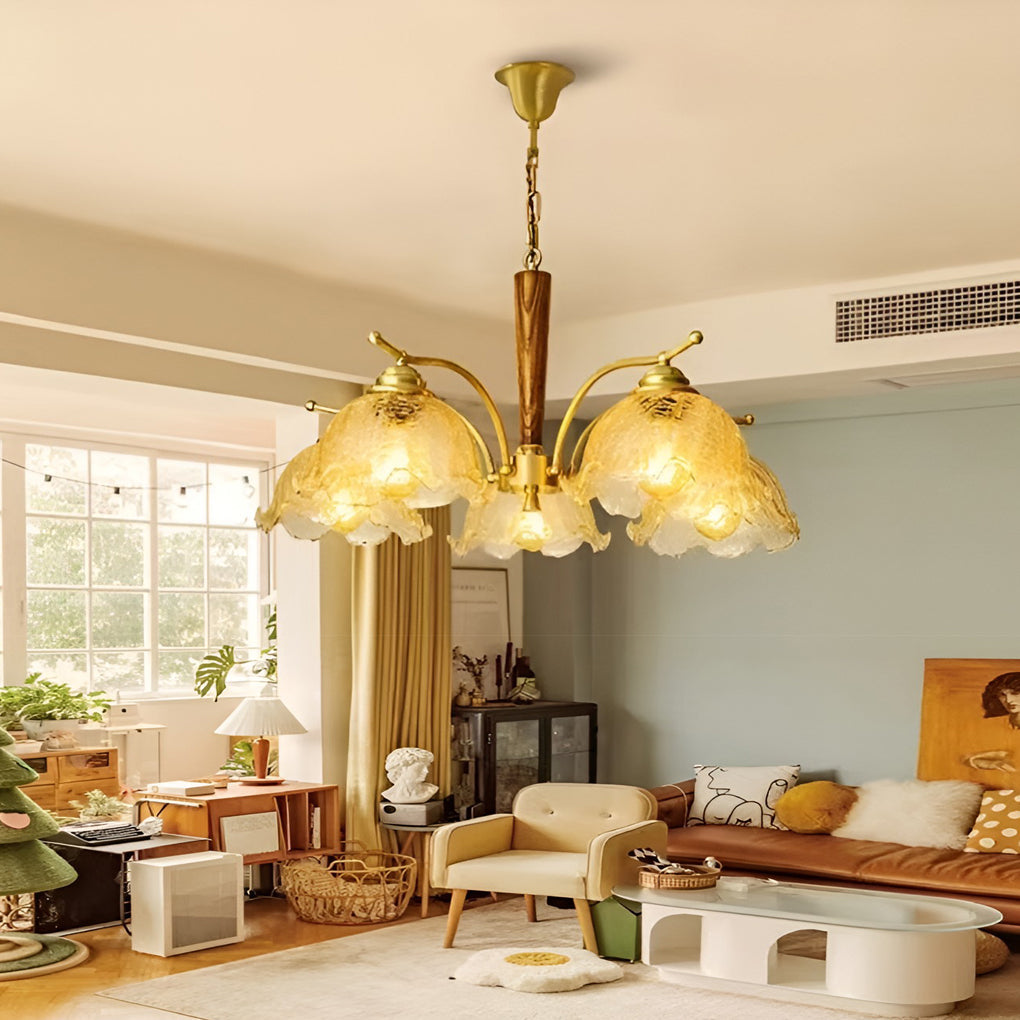 Vintage Copper Chandelier with Cracked Glass Shades Retro Pendant Light for Bedroom and Dining Room