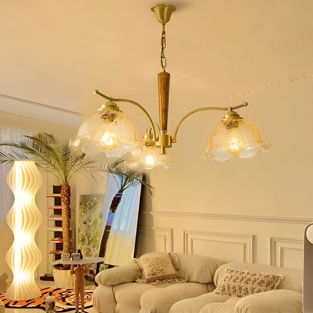 Vintage Copper Chandelier with Cracked Glass Shades Retro Pendant Light for Bedroom and Dining Room