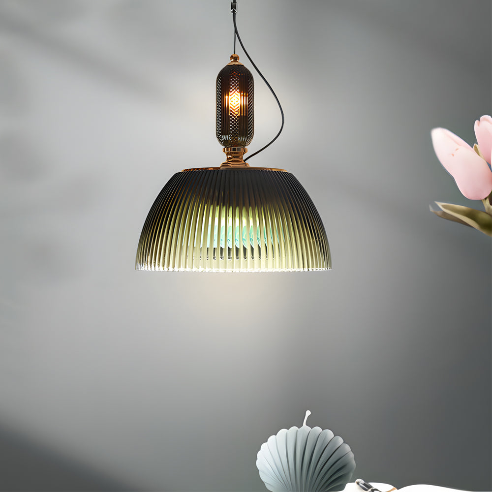 Vintage Dark Green Gradient Glass Pendant Light Nordic Striped Hanging Lamp for Living Room Decor