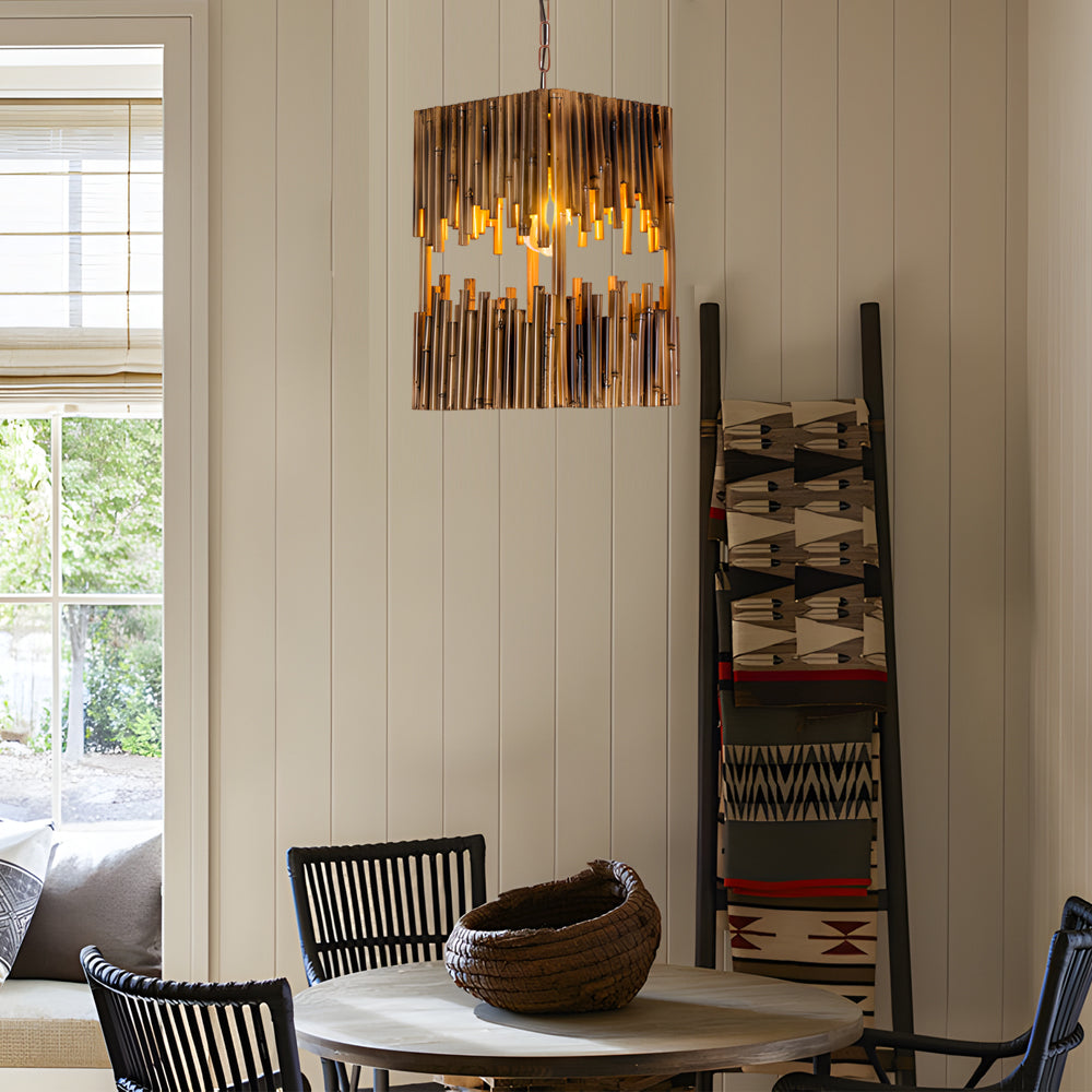 Vintage Dark Wood Bamboo Tube Cuboid Hanging Light Rustic 1 Light Interior Pendant Lamp