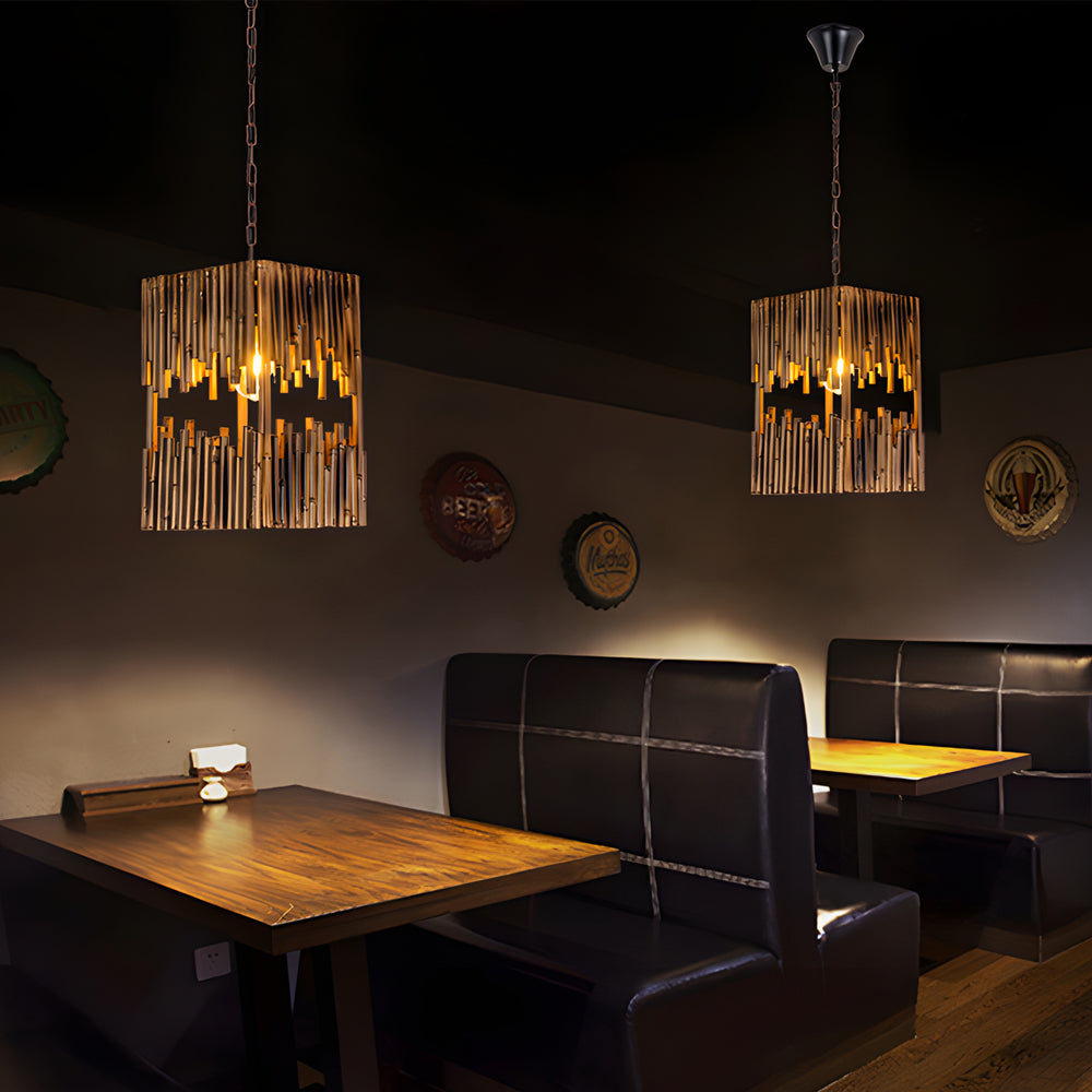 Vintage Dark Wood Bamboo Tube Cuboid Hanging Light Rustic 1 Light Interior Pendant Lamp