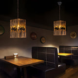 Vintage Dark Wood Bamboo Tube Cuboid Hanging Light Rustic 1 Light Interior Pendant Lamp