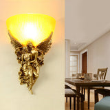 Vintage European Style 3D Angel Wall Sconce Resin Sculpture Light with Glass Shade