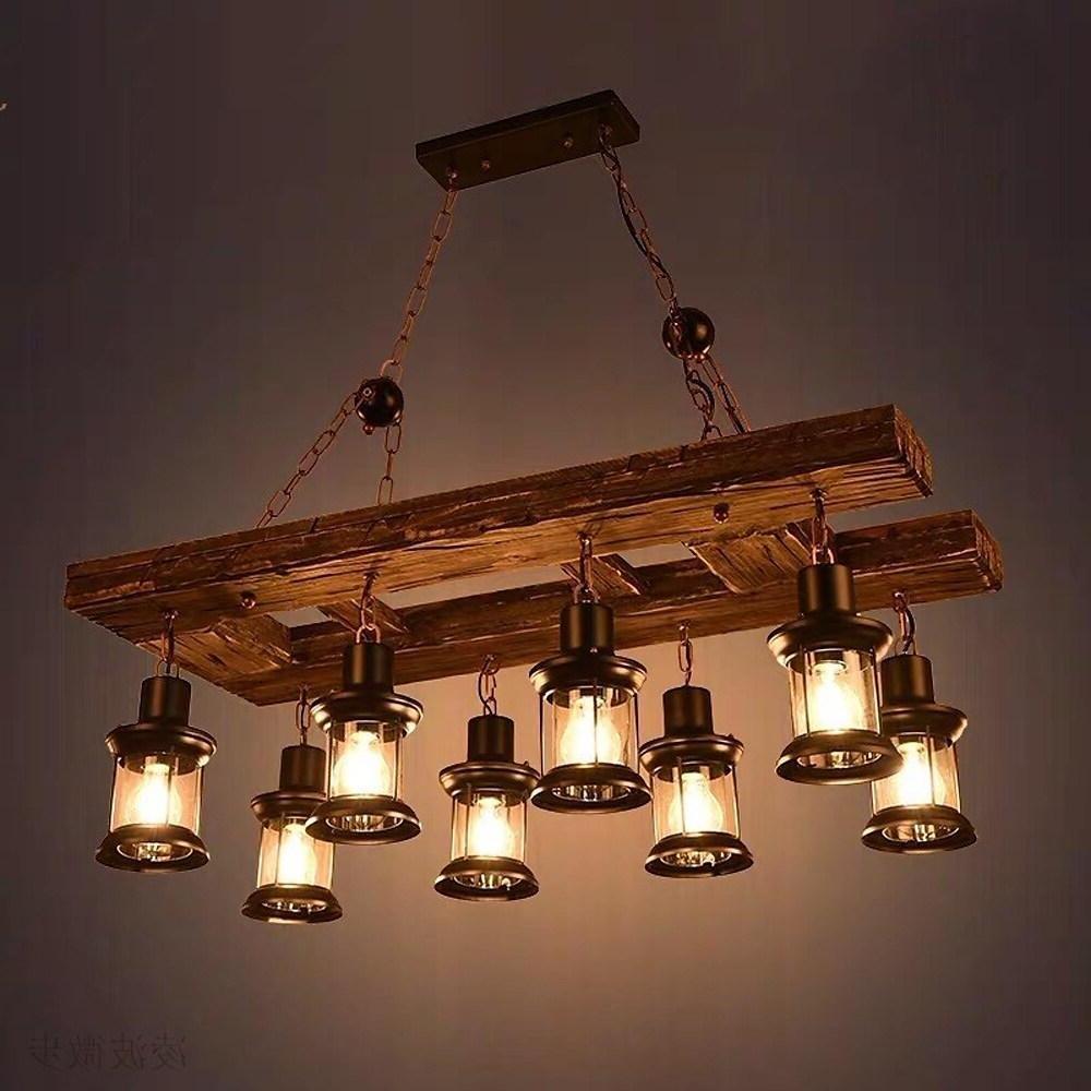 Vintage Farmhouse 8 Light Wood Lantern Chandelier with Glass Shades for Dining Room