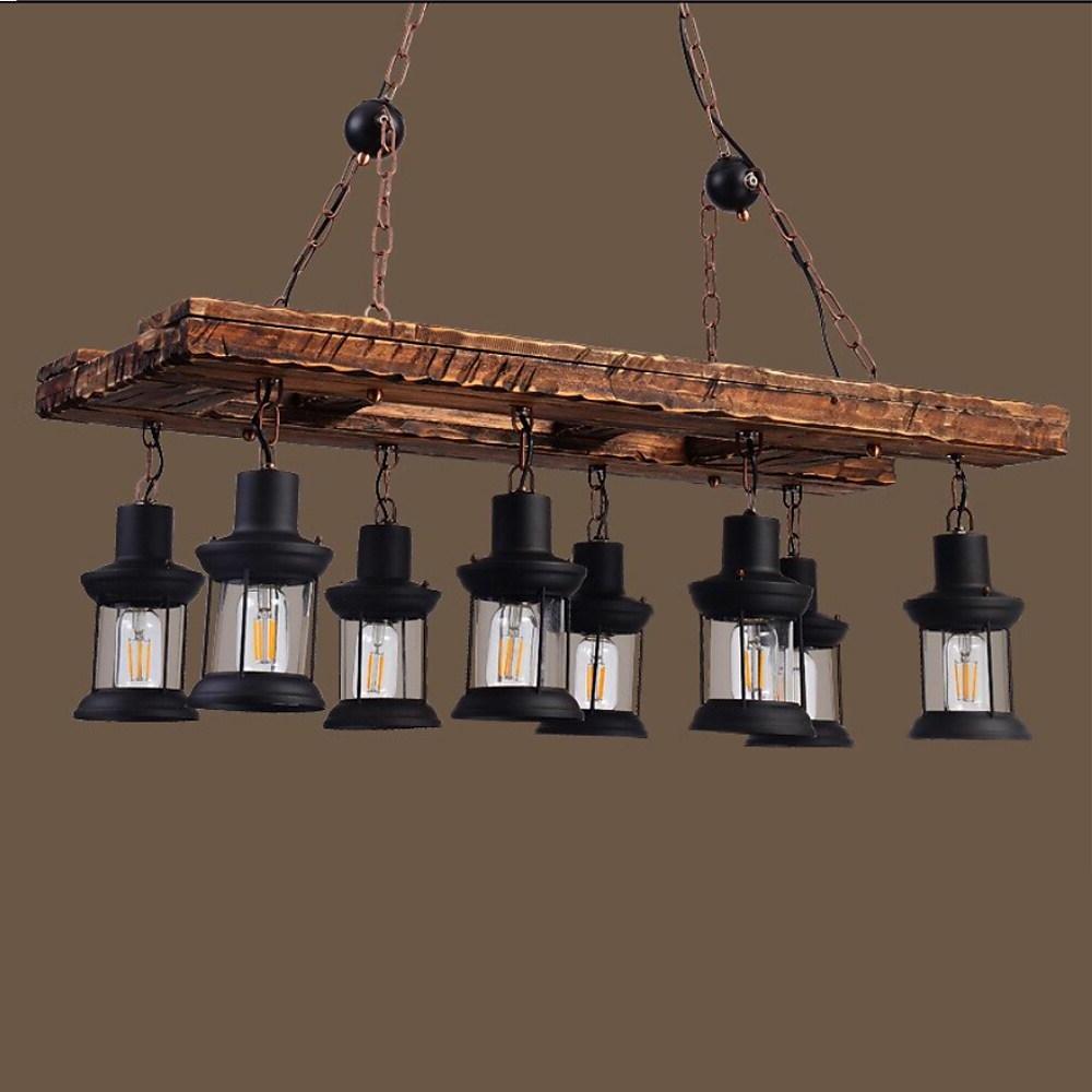 Vintage Farmhouse 8 Light Wood Lantern Chandelier with Glass Shades for Dining Room