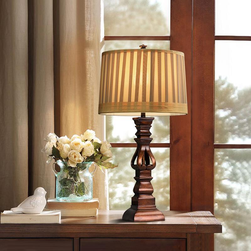 Vintage Farmhouse Resin Tower Table Lamp with Striped Linen Drum Shade