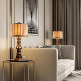 Vintage Farmhouse Resin Tower Table Lamp with Striped Linen Drum Shade