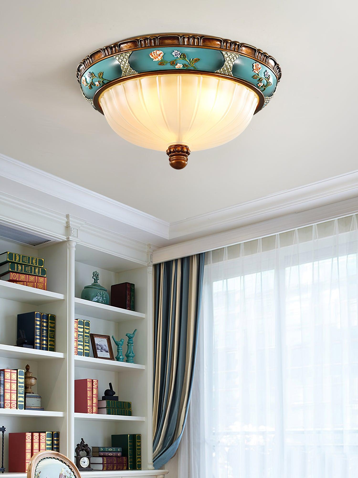vintage-floral-blue-resin-recessed-ceiling-fixture-with-white-glass-globe-shade