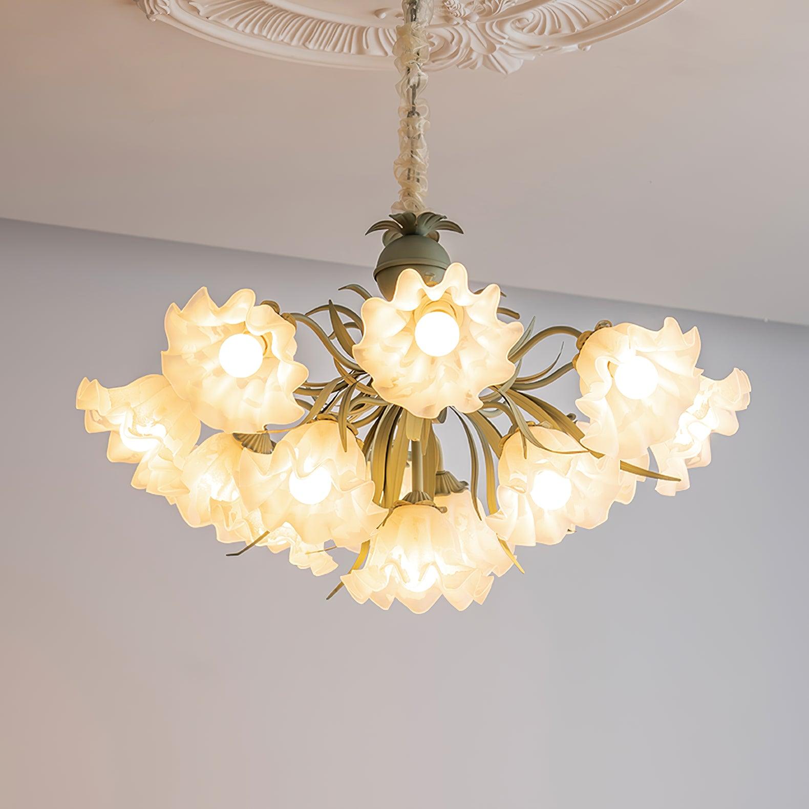 Vintage Floral Lily of the Valley Chandelier Green Metal Petal Pendant Lamp