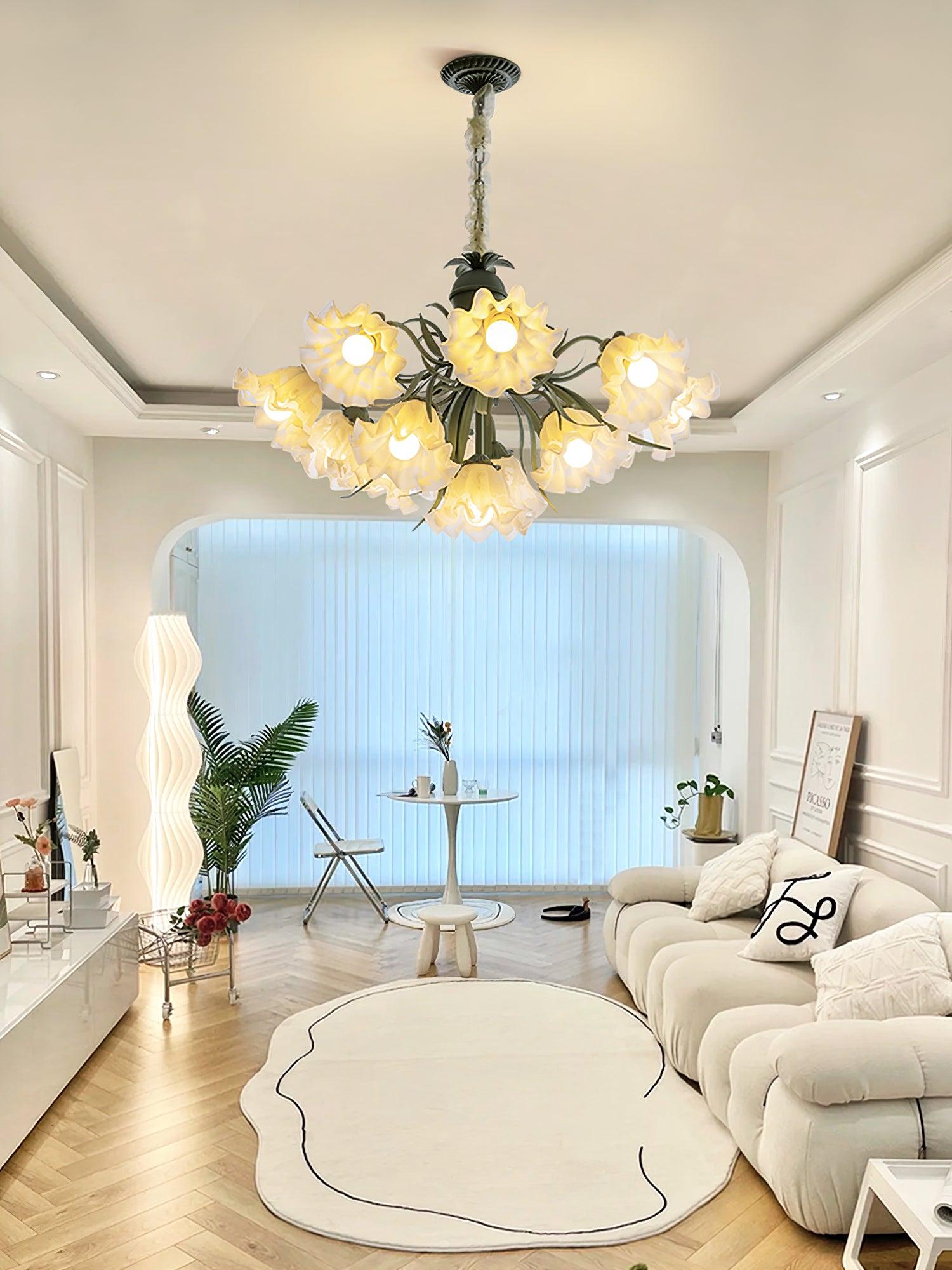 Vintage Floral Lily of the Valley Chandelier Green Metal Petal Pendant Lamp