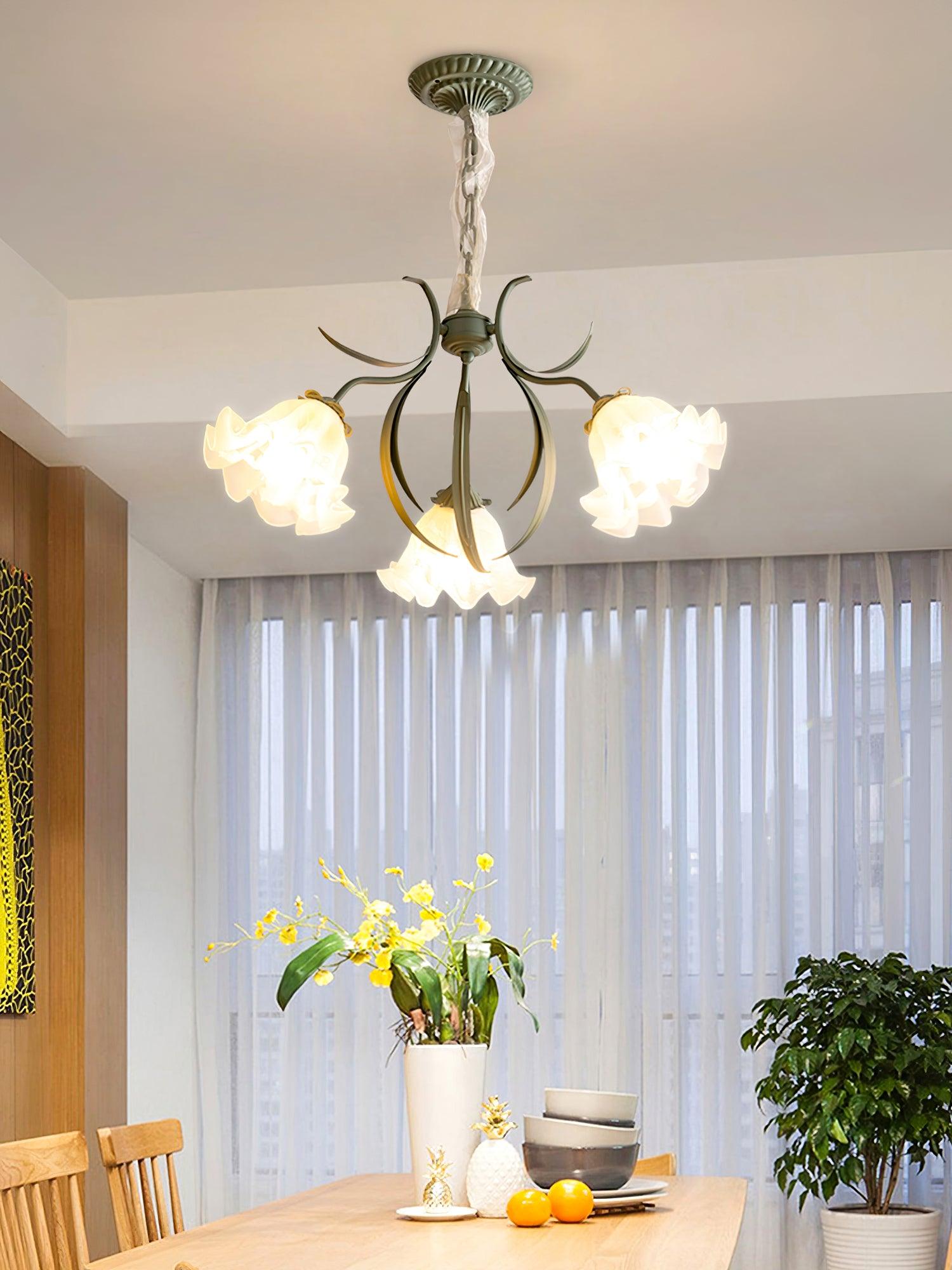 Vintage Floral Lily of the Valley Chandelier Green Metal Petal Pendant Lamp