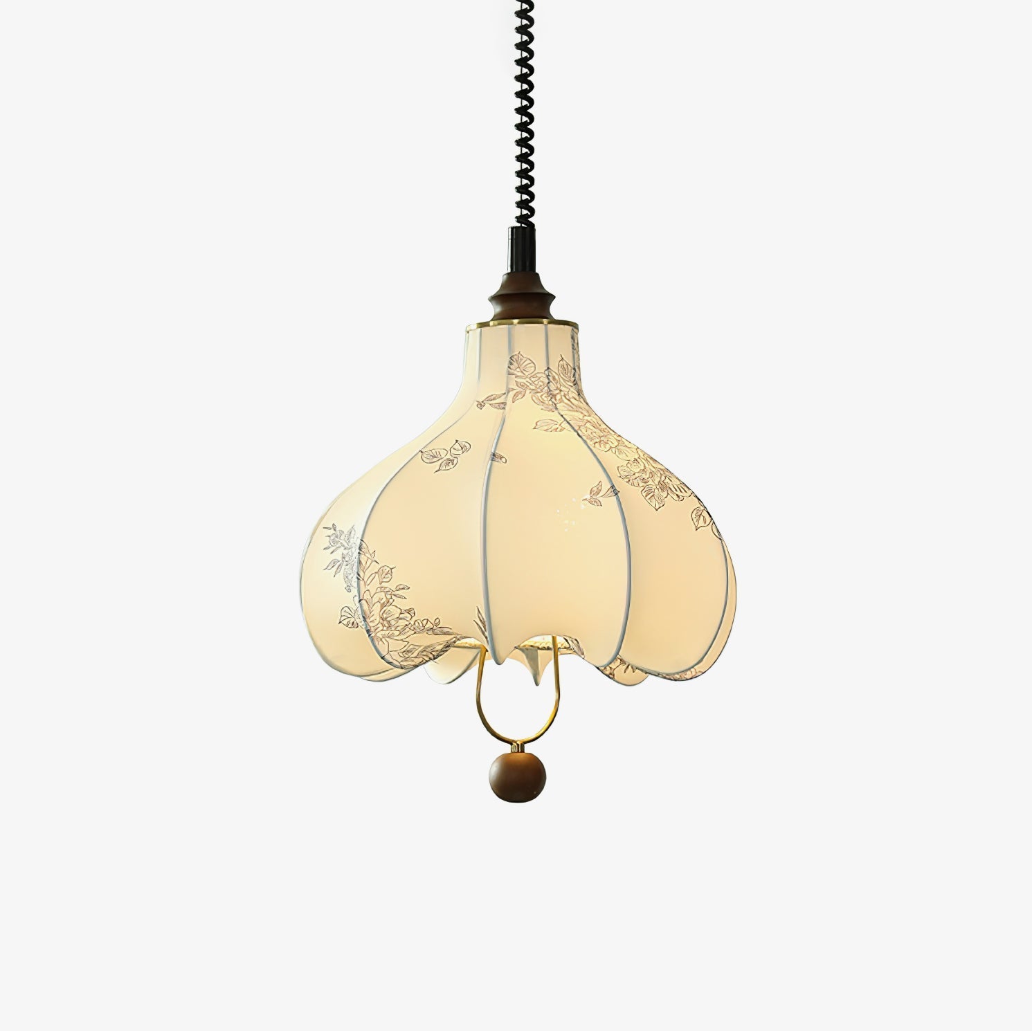Vintage Floral Pear Shaped Fabric Pendant Light with Walnut Wood Accents