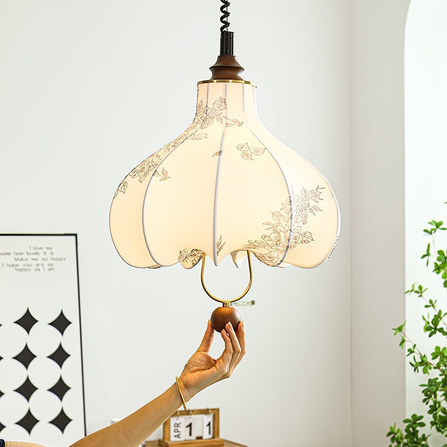Vintage Floral Pear Shaped Fabric Pendant Light with Walnut Wood Accents